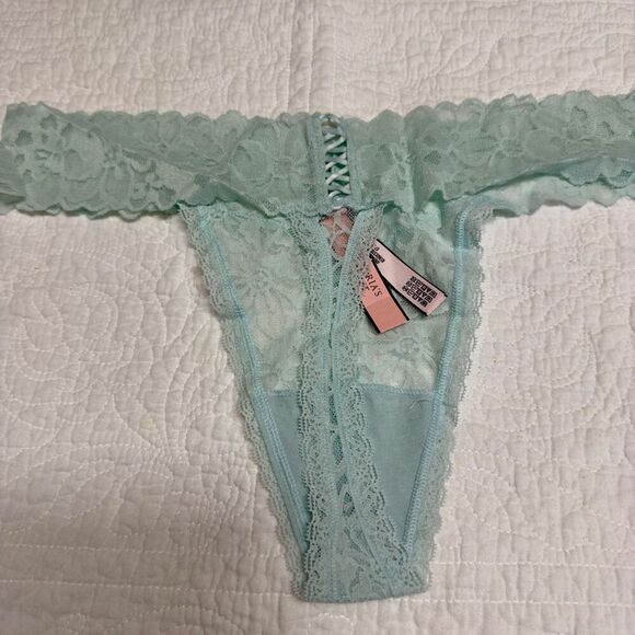 NWT (XXL) Victoria’s Secret Lace Thong Panty - Light Teal with Lattice Detail - Picture 3 of 8